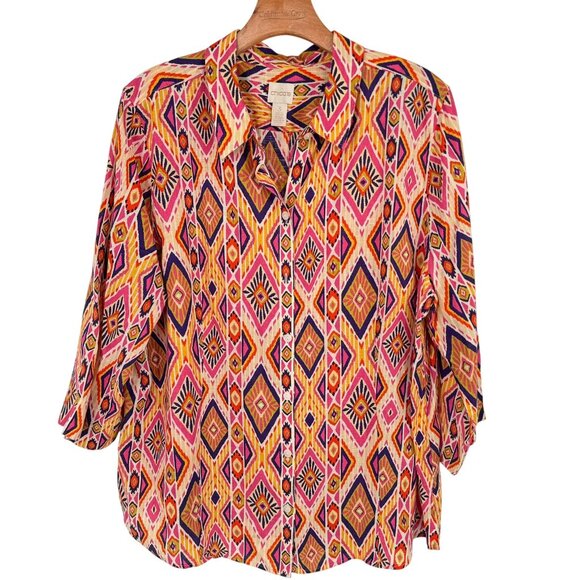 Chicos 3 Womens Ikat Linen Button-Back no iron Shirt blouse 3/4 sleeve Size XL - Picture 2 of 16